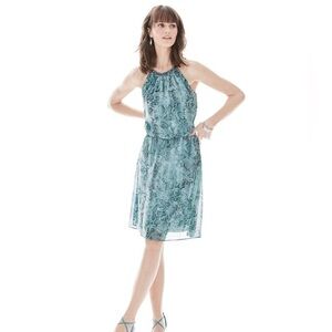 New White House Black Market Jewel Collar Snake Print Blouson Dress in Sea Blue